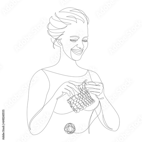 Silhouettes of the girl, she knitting with threads. Woman's hands in modern trendy style with one line. Solid line, outline for decor, posters, stickers, logo. Vector illustration.