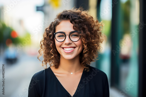 Portrait of a beautiful young woman with curly hair and eyeglasses