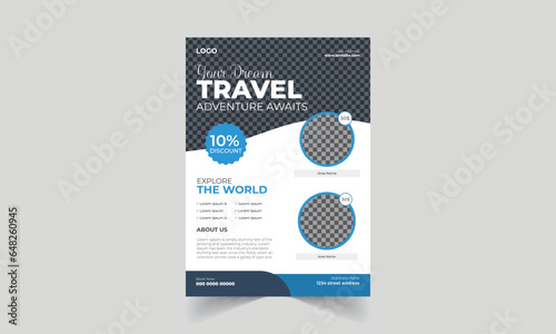 Designs of a flyer for a travel agency or vacation package. Design of a flyer or poster for tourism, summer travel, and holidays. Design of a business brochure, template, or flyer for the tourism and 