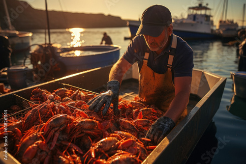A fisherman sorts seafood on a boat.