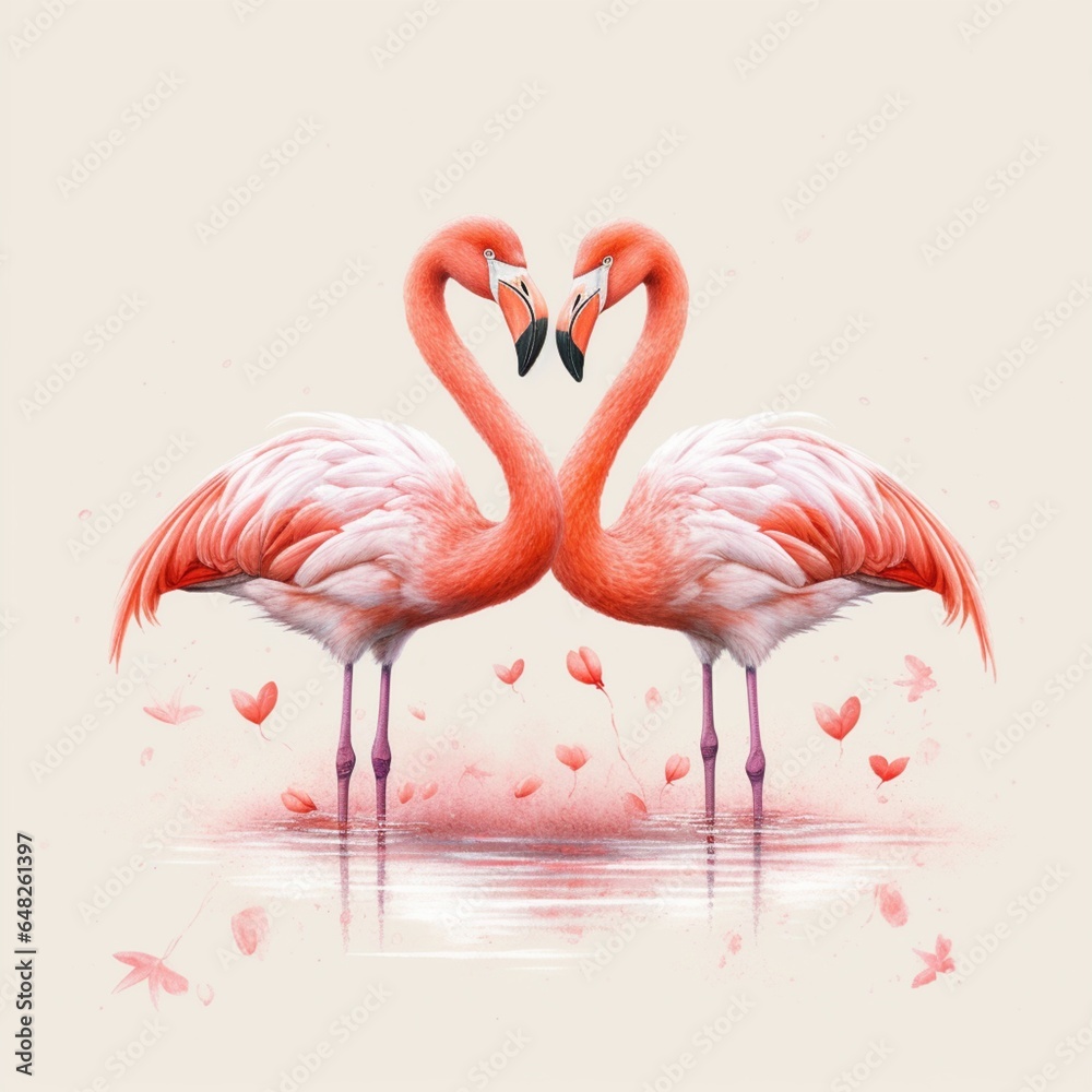 Fototapeta premium Beautiful pink flamingo birds making love heart shape picture AI Generated Art