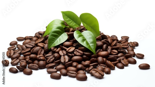 Fresh roasted coffee beans with leaves isolated on white background