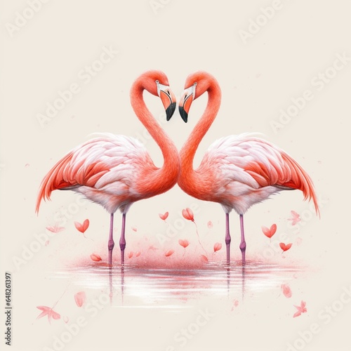 Beautiful pink flamingo birds making love heart shape picture AI Generated Art