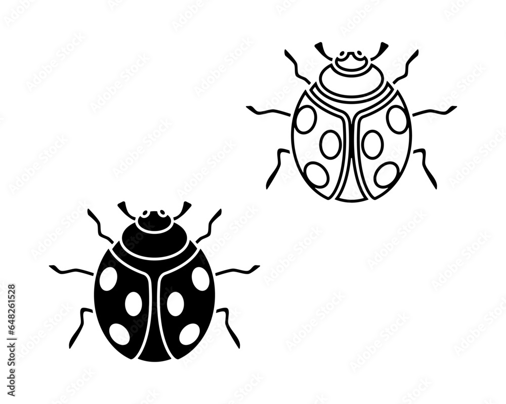 Black and white ladybird bug vector icon sign symbol pictogram. Outline cutout ladybug silhouette on white background