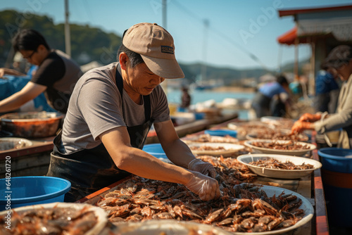 A Caucasian man sells fresh seafood at the fish market