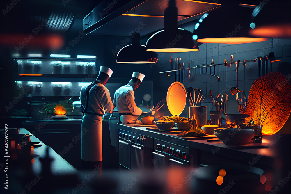 Professional kitchen with chefs cooking, restaurant kitchen with ...