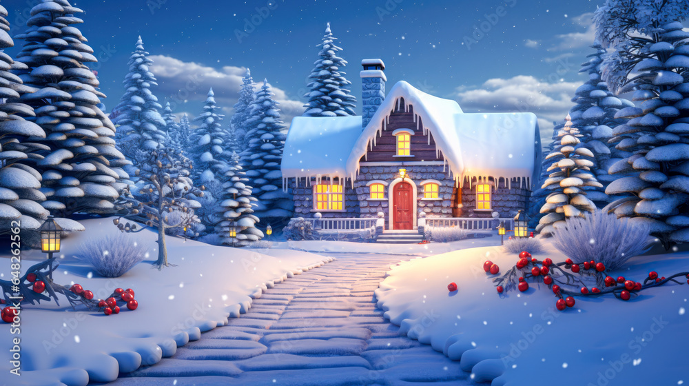 Fototapeta premium Winter landscape with christmas tree and wooden house