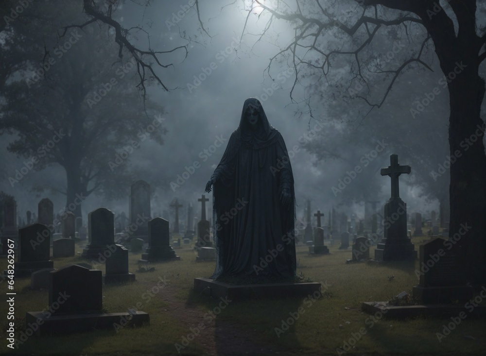A haunted graveyard for Halloween spooky background concept A haunted graveyard for Halloween spooky background concept