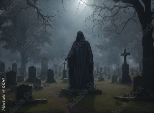 A haunted graveyard for Halloween spooky background concept