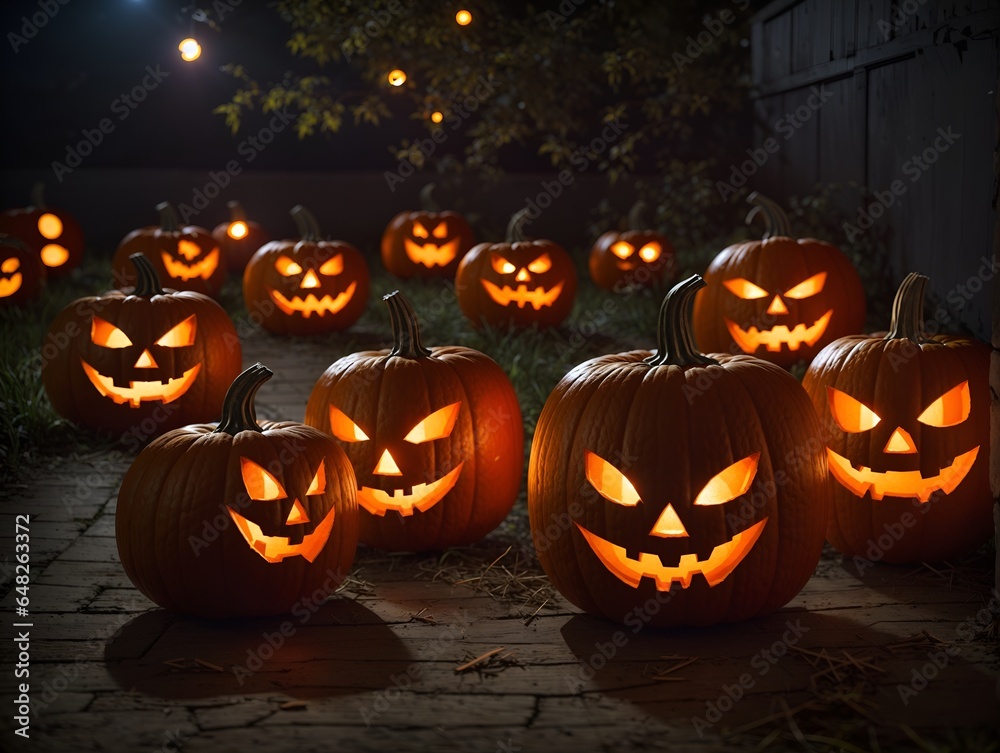 Creepy Halloween night scene with a group of spooky carved Jack o Lantern or scary pumpkins Creepy Halloween night scene with a group of spooky carved Jack o Lantern or scary pumpkins