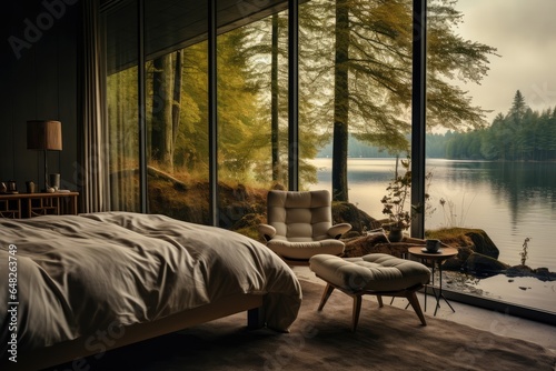 Bedroom withwooden floors, Large windows and chair near the lake, Generative ai photo