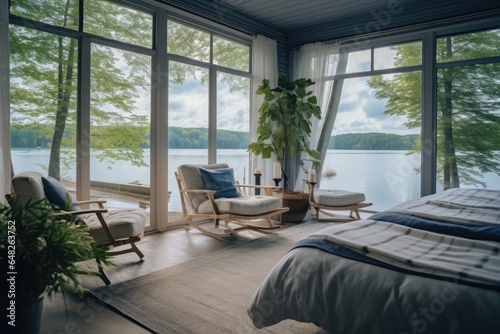 Bedroom withwooden floors  Large windows and chair near the lake  Generative ai