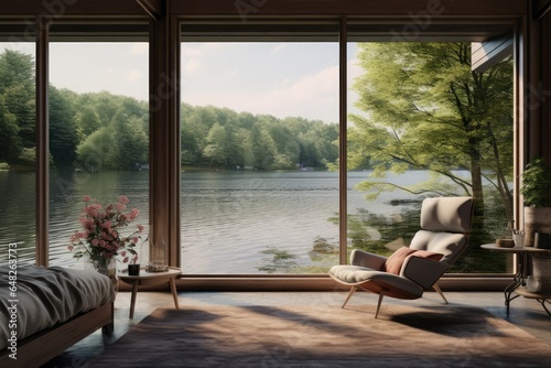 Bedroom withwooden floors, Large windows and chair near the lake, Generative ai