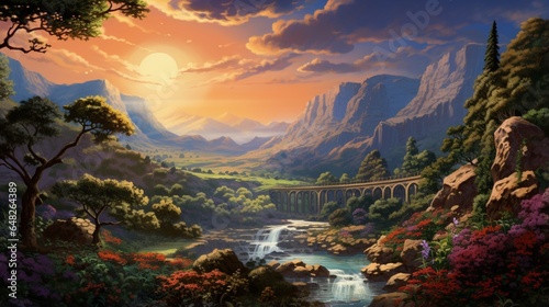 an original artwork featuring a valley with a picturesque bridge spanning across a creek