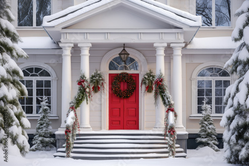Entrance to a house decorated for Christmas. Beautiful red entrance door to a white house with columns, Christmas wreath, fir trees and holiday decorations.