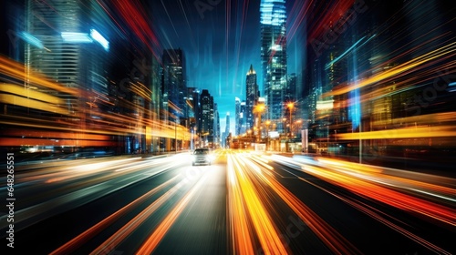 image that captures the dynamic energy of a bustling city. abstract motion blur cityscape featuring vibrant lights, streaks, and blurred architectural elements. photo
