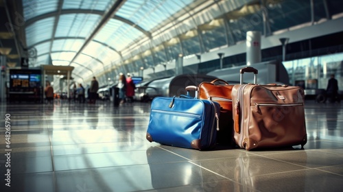 stylish luggage bags in a well-lit airport terminal hall, quality and fashion-forward design. photo