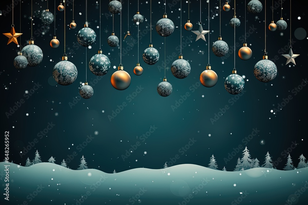 Christmas illustration with decorative balls and stars hanging on a blue background with white snowy forest