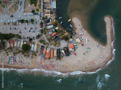 Collorful umbrellas seen from above at Bahia beach, Brazil