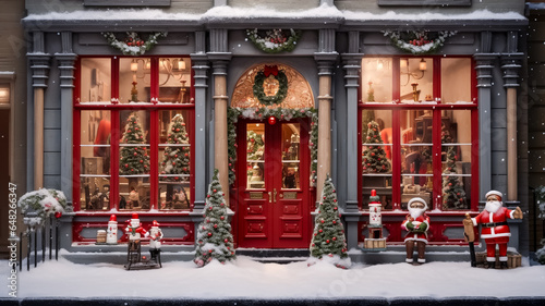 a very realistic toy shop at Christmas with red door  generative ai.