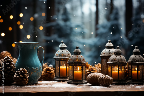 christmas still life with candle, christmas table, snow, winter, dinner, lunch, decoration, design, wood, adorable, family, love, generative ai.