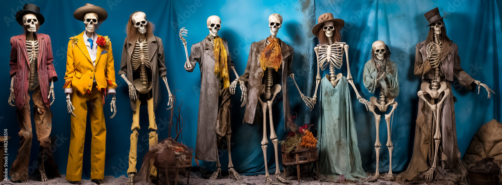 halloween skeletons posing, skeletons fashion show, collection, generative ai.