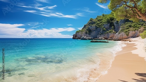 a captivating scene of a secluded beach with crystal-clear waters and golden sands © Wajid