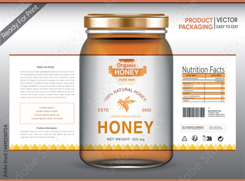 Honey Label and Packaging, Honey Packaging, Bee honey, Honey Vector packaging, Label for print, Print ready file, Vector design, pack, vector packaging, Food label, Nutrition Label,Bottle Mockup