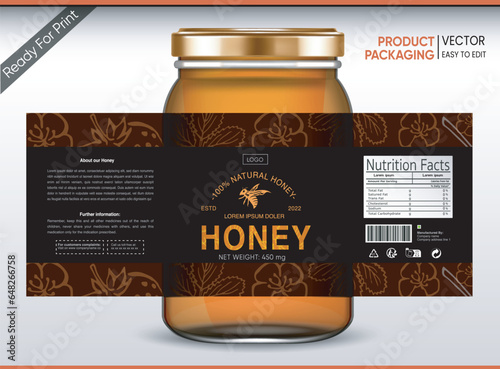 Honey Label and Packaging, Honey Packaging, Bee honey, Honey Vector packaging, Label for print, Print ready file, Vector design, pack, vector packaging, Food label, Nutrition Label,Bottle Mockup