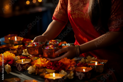 Delicate hands arranging festive Diwali gift hampers symbolizing offertory and exchange of love  photo