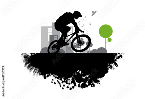 Active man. BMX rider in abstract sport landscape background, vector.