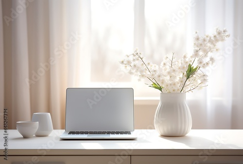 Laptop with blank screen on table in room. Mockup for design