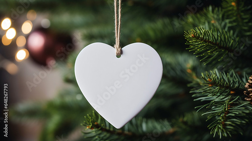 White paper heart on christmas tree with bokeh background.