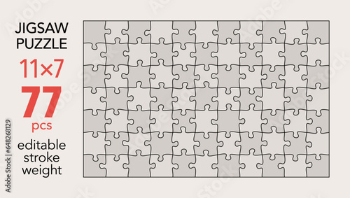 Empty jigsaw puzzle grid template, 11x7 shapes, 77 pieces. Separate matching irregularly elements. Flat vector illustration layout, every piece is a single shape.