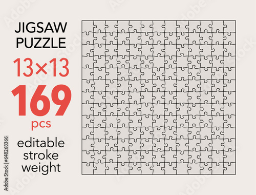 Empty jigsaw puzzle grid template, 13x13 shapes, 169 pieces. Separate matching irregularly elements. Flat vector illustration layout, every piece is a single shape.