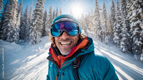 smiling skier, mature man, jumping in the snowy mountains on the slope with his ski and professional equipment on a sunny day