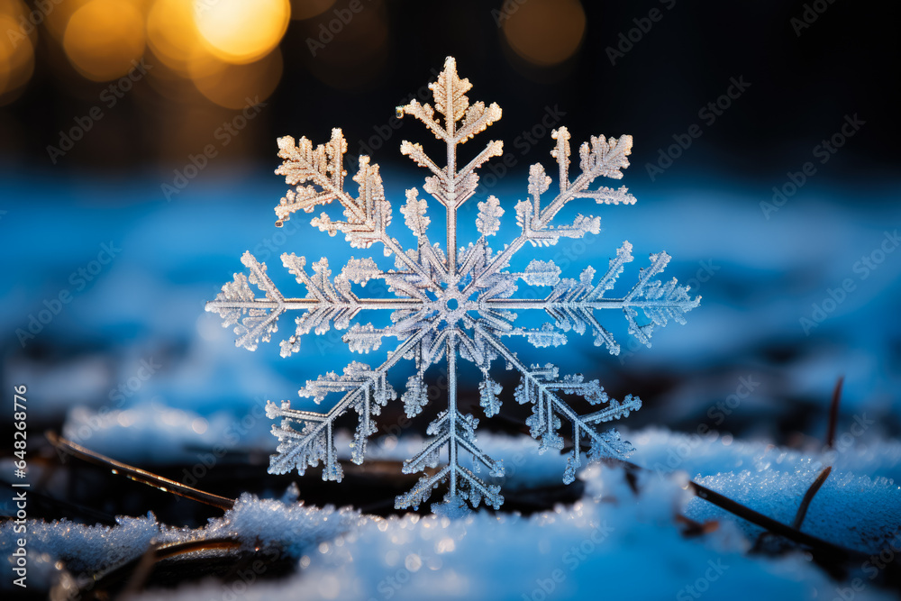 Close-up image capturing the intricate design of a solitary snowflake 