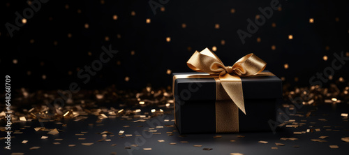 Black gift box with gold ribbon on dark background. © Maksymiv Iurii
