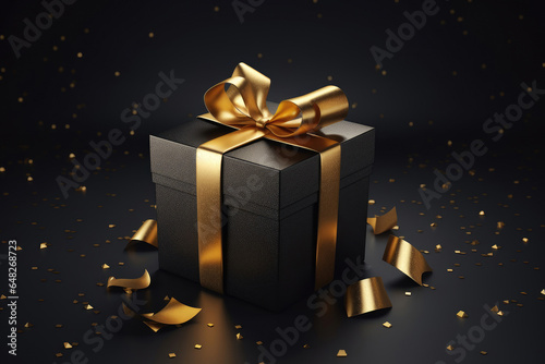 Black gift box with gold ribbon on dark background.