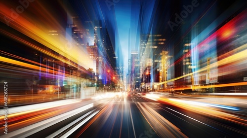 image that captures the dynamic energy of a bustling city. abstract motion blur cityscape featuring vibrant lights  streaks  and blurred architectural elements.