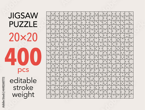 Empty jigsaw puzzle grid template, 20x20 shapes, 400 pieces. Separate matching irregularly elements. Flat vector illustration layout, every piece is a single shape.