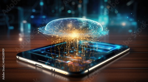 Smartphone with human brain hologram on screen