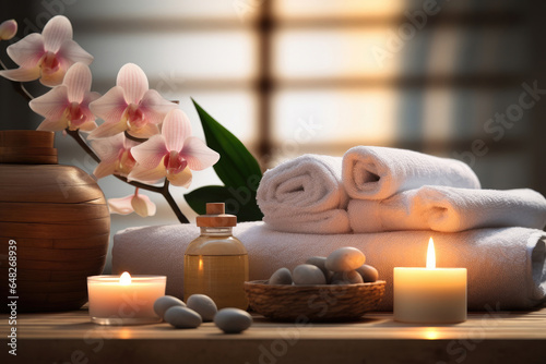 Beautiful spa composition on massage table in wellness center.