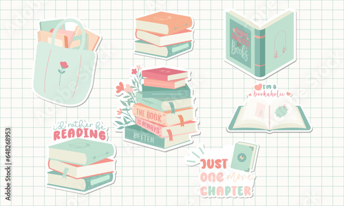 Vector set of books, Book Lover Digital Stickers with Shadow.