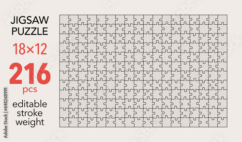 Empty jigsaw puzzle grid template, 18x12 shapes, 216 pieces. Separate matching irregularly elements. Flat vector illustration layout, every piece is a single shape.