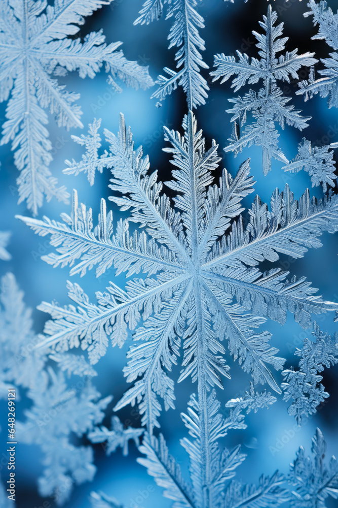 Detailed contrast of intricate snowflake patterns against a frosty window pane 