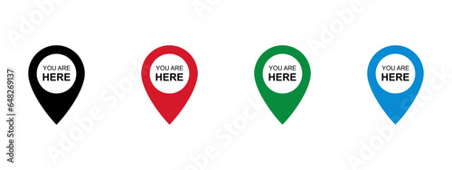You Are Here pointer set. Flat, color You Are Here icons. GPS map pins. Your location markers. Black, red, blue, green pointers. Vector illustration.