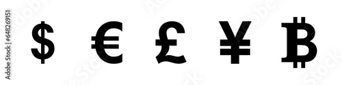 Currency symbol icons set. Dollar, Euro, Pound, Yuan and Bitcoin symbol sign. Collection of currency icons. Vector illustration.