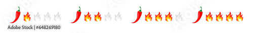 Spicy level icon set. Hot chili pepper icons set with flame. Rating of pepper sauce. Vector illustration.