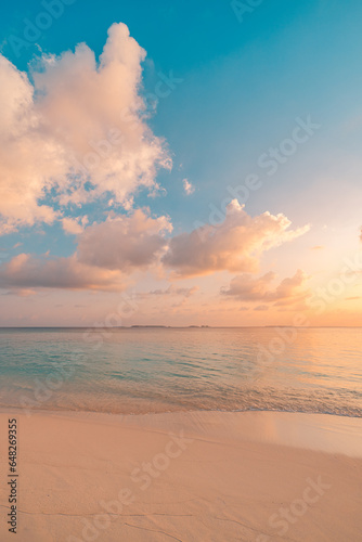Closeup waves splash sea sand beach. Panoramic fantastic travel landscape. Inspire tropical seascape horizon. Majestic sunset sky peaceful tranquil relaxation sunshine summer. Amazing vacation island © icemanphotos